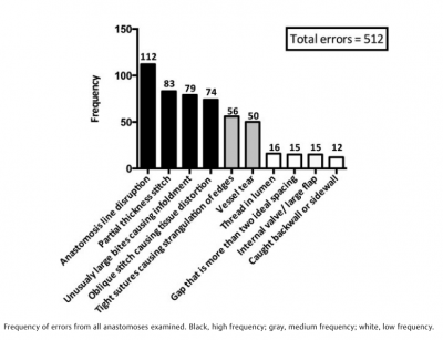 Frequency of errors from all anastomoses examined. Black, high frequency; gray, medium frequency; white, low frequency.